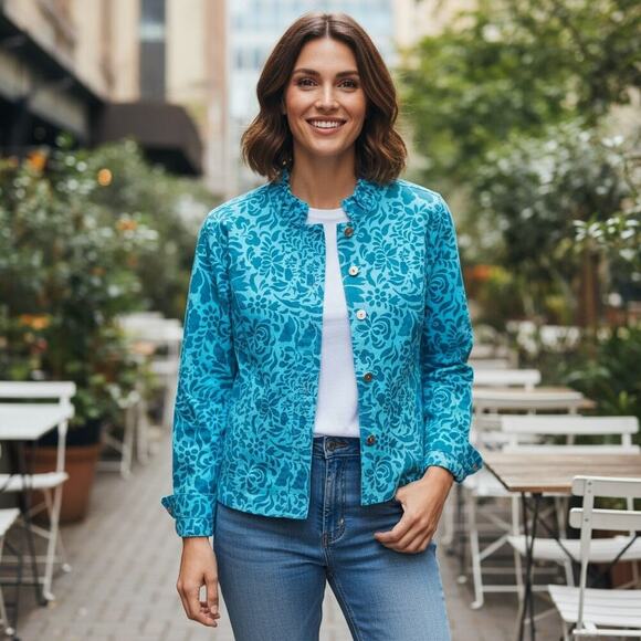 Coldwater Creek Women's Blue Floral Print Full Zip Snap Jacket Size Large - Picture 1 of 6